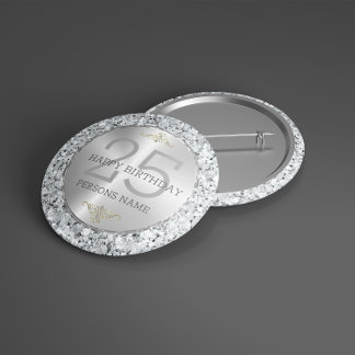 Witte faux diamanten 25e verjaardag ronde button 4,0 cm