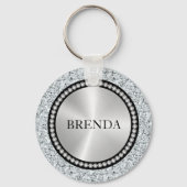 Witte faux diamanten patroon Monogram Sleutelhanger (Voorkant)