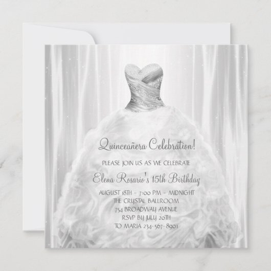Witte feestjurk witte Quinceanera uitnodigingen (Voorkant)