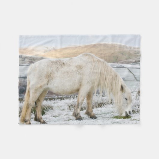 Witte Fell-pony op heide in de winter Fleece Deken (Voorkant (Horizontaal))