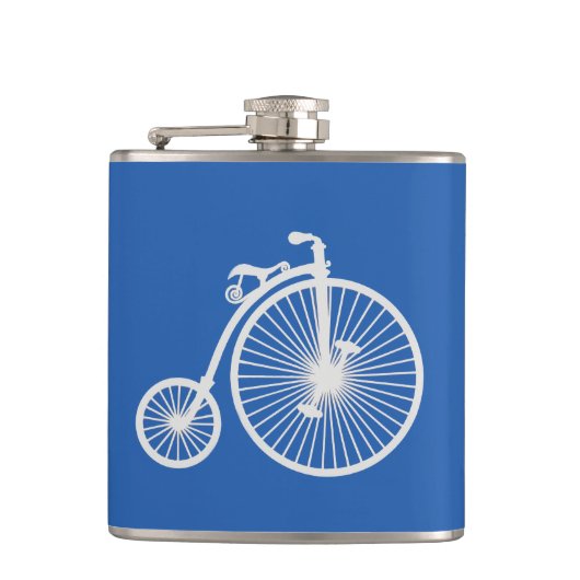 witte fiets op blauw heupfles (Voorkant)