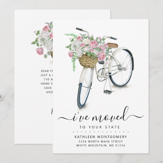 Witte Fiets Roze Bloemen Basket Bewegend Aankondiging (Voorkant / Achterkant)