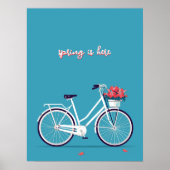 Witte Fiets Roze Bloemen Blauwe achtergrond Poster (Voorkant)