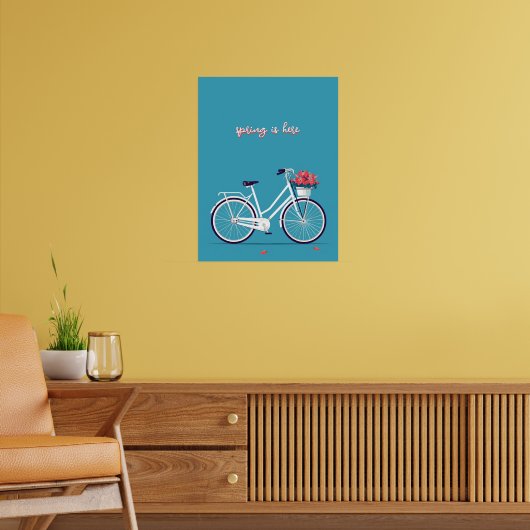 Witte Fiets Roze Bloemen Blauwe achtergrond Poster (Woonkamer 2)