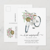 Witte Fiets Roze Witte Roos Bloemmand Bewegen Aankondigingskaart (Voorkant / Achterkant)
