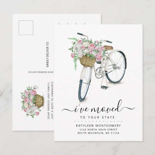 Witte Fiets Roze Witte Roos Bloemmand Bewegen Aankondigingskaart (Voorkant / Achterkant)