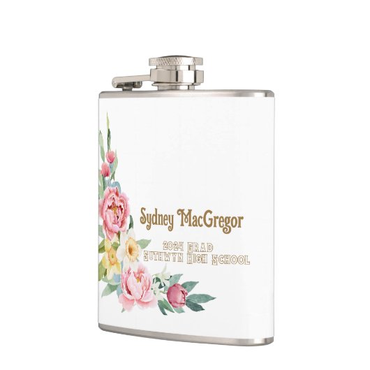 Witte Flask met Roze Pioenrozen Afstuderen Heupfles (Links)