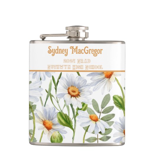 Witte Flask met Wrap Around Daisy Border Heupfles (Voorkant)