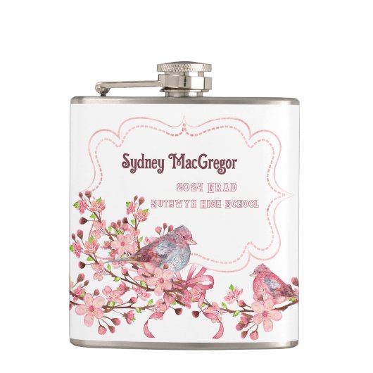 Witte Flask met Wrap Around Vogels Appelbloesems Heupfles (Voorkant)