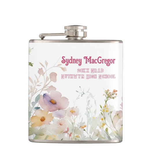 Witte fles met bloemrand rondom heupfles (Voorkant)