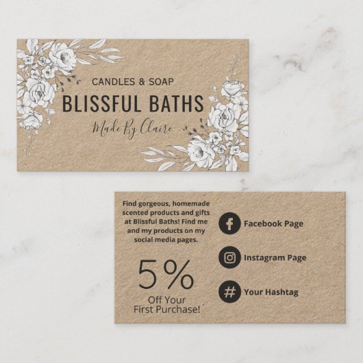 Witte flora op kraft Homemade zeep en kaars Visitekaartje (Voorkant / Achterkant)