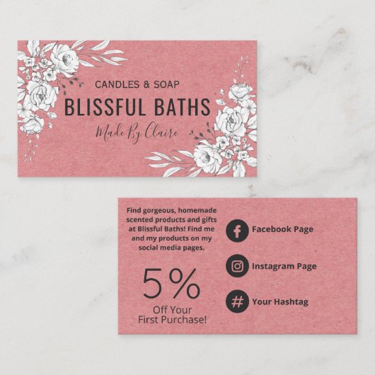 Witte flora op roze Homemade zeep en kaars Visitekaartje (Voorkant / Achterkant)