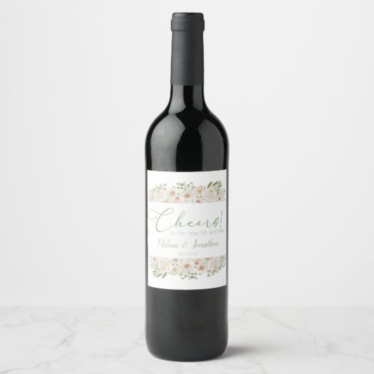 Witte Floral Elegant Romantic Wedding Wine Label Wijn Etiket (Voorkant)