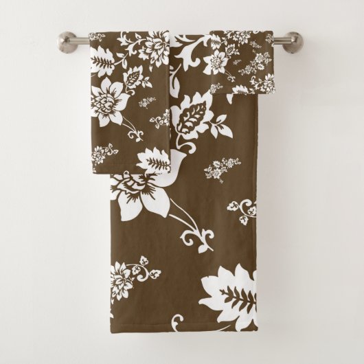 Witte Floral op Choco Brown achtergrond Bad Handdoek (Insitu)