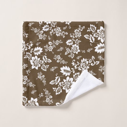 Witte Floral op Choco Brown achtergrond Bad Handdoek (Wasdoekje)