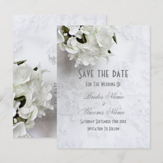 Witte florale bouquet bruiloft met uitzondering va aankondigingskaart (Voorkant / Achterkant)