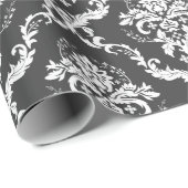 Witte florale damaspatroon op donkergrijs cadeaupapier (Rol Hoek)
