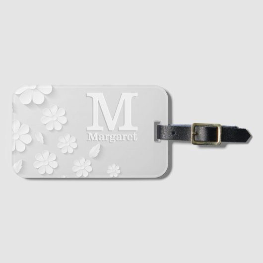 Witte florale ingegraveerde naam initialen geperso bagagelabel (Voorkant (horizontaal))