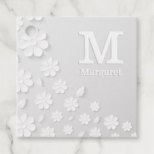 Witte florale ingegraveerde naam initialen geperso bedankjes labels (Voorkant)