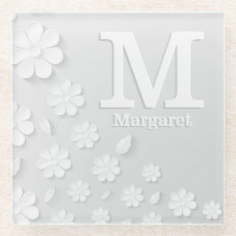 Witte florale ingegraveerde naam initialen geperso glazen onderzetter