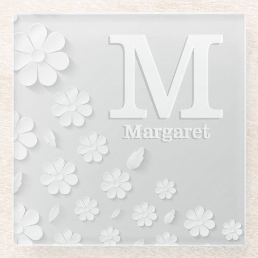 Witte florale ingegraveerde naam initialen geperso glazen onderzetter (Voorkant)