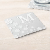 Witte florale ingegraveerde naam initialen geperso kartonnen onderzetters (Gebogen)