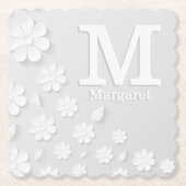 Witte florale ingegraveerde naam initialen geperso kartonnen onderzetters (Voorkant)