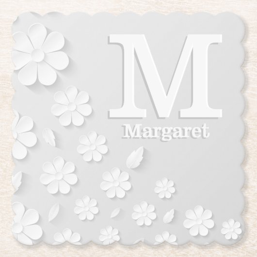 Witte florale ingegraveerde naam initialen geperso kartonnen onderzetters (Voorkant)
