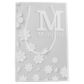 Witte florale ingegraveerde naam initialen geperso medium cadeauzakje (Voorkant)