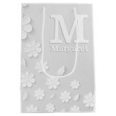 Witte florale ingegraveerde naam initialen geperso medium cadeauzakje (Achterkant)