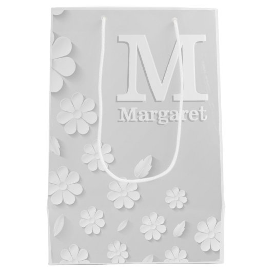 Witte florale ingegraveerde naam initialen geperso medium cadeauzakje (Achterkant)
