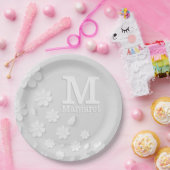 Witte florale ingegraveerde naam initialen geperso papieren bordje (Feest)