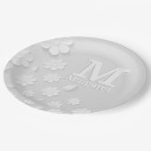 Witte florale ingegraveerde naam initialen geperso papieren bordje (Gekanteld)