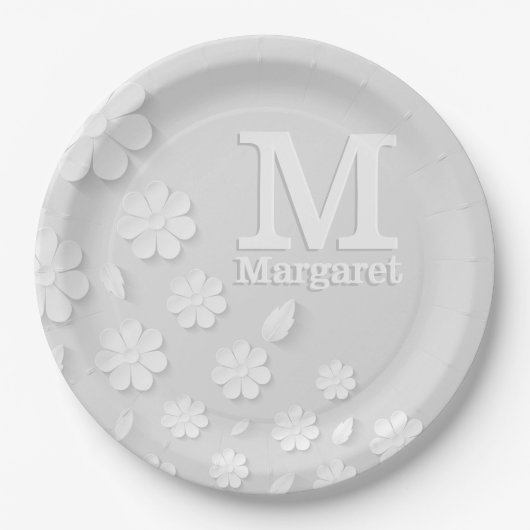 Witte florale ingegraveerde naam initialen geperso papieren bordje (Voorkant)