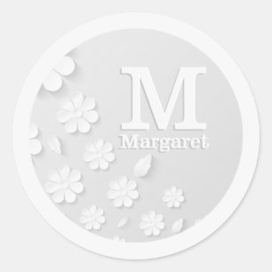 Witte florale ingegraveerde naam initialen geperso ronde sticker