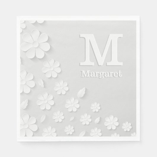 Witte florale ingegraveerde naam initialen geperso servet (Voorkant)