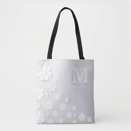 Witte florale ingegraveerde naam initialen geperso tote bag (Voorkant)