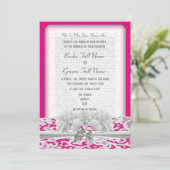 Witte florale kant en roze bruiloft van fuchsia kaart (Staand voorkant)