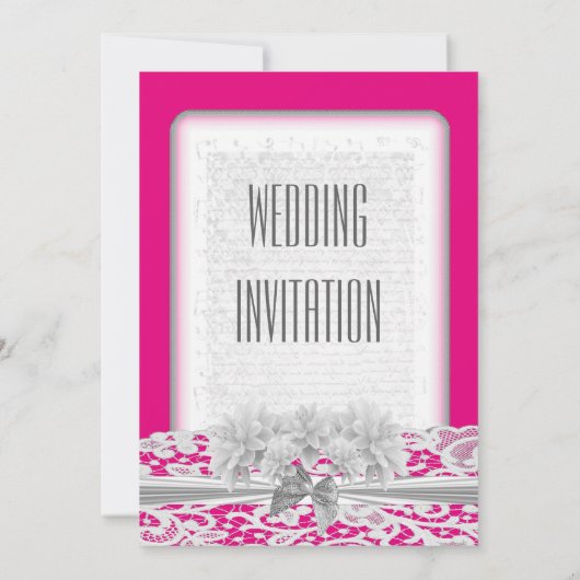 Witte florale kant en roze bruiloft van fuchsia kaart (Achterkant)