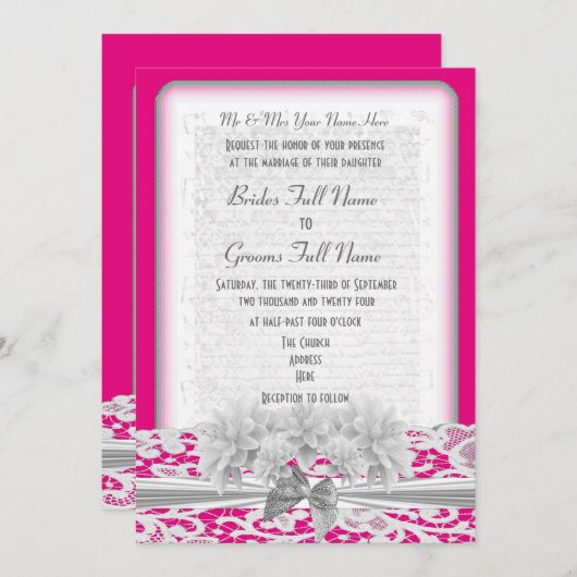 Witte florale kant en roze bruiloft van fuchsia kaart (Voorkant / Achterkant)
