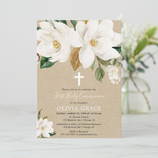 Witte florale kraft magnolia eerste heilige commun kaart (Staand voorkant)