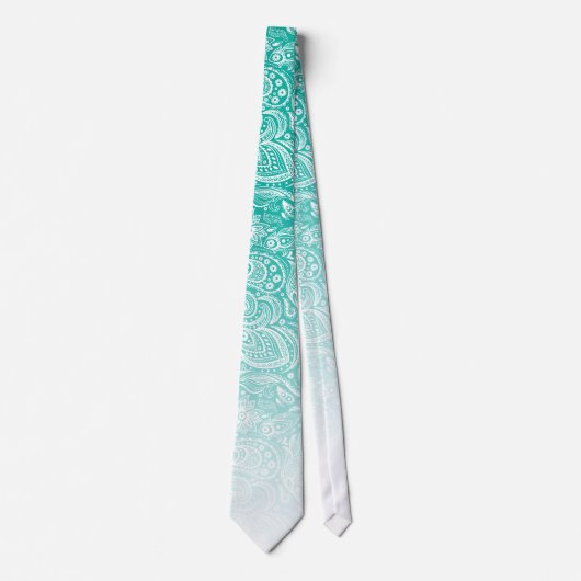 Witte florale paisley op turquoise en witte fade stropdas (Voorkant)