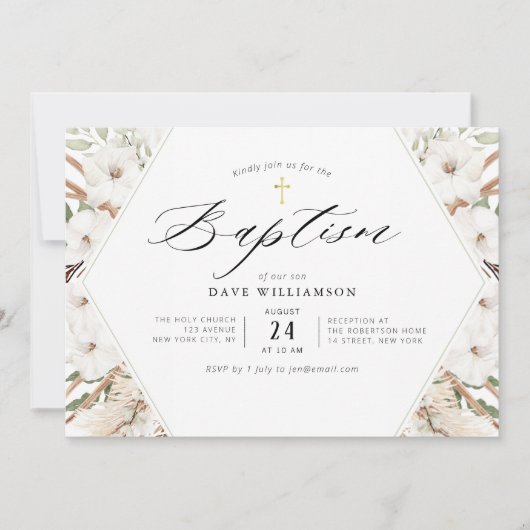 witte florale pampas elegant lijst baptisme kaart (Voorkant)
