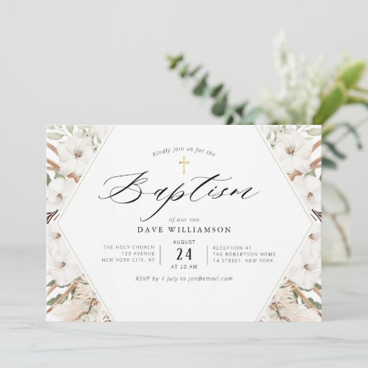 witte florale pampas elegant lijst baptisme kaart (Staand voorkant)