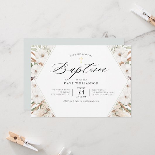 witte florale pampas elegant lijst baptisme kaart (Voorkant / Achterkant in situ)