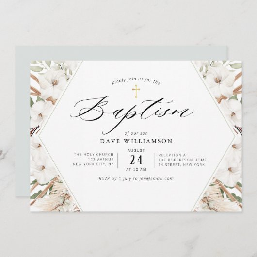 witte florale pampas elegant lijst baptisme kaart (Voorkant / Achterkant)