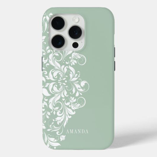 Witte  florale wervelmandala op een salie groen Case-Mate iPhone case (Achterkant)