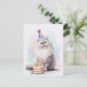 Witte Fluffy Verjaardags Kat – Feestmuts Kat Briefkaart (Staand voorkant)