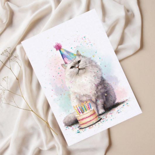 Witte Fluffy Verjaardags Kat – Feestmuts Kat Briefkaart