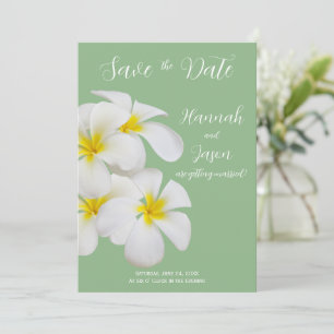 Witte frangipane bloemen, op salie, Save Date Kaart